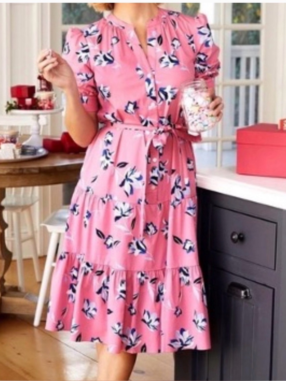 Draper James Pink&Blue Floral Tiered Shift Midi Dress Euc Sz S Bust